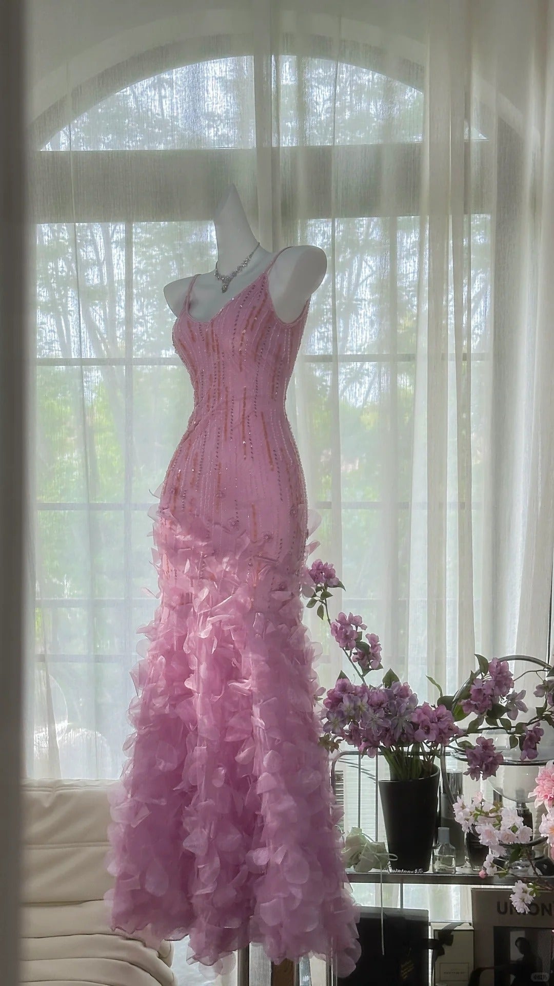 Vintage rosa und lila Meerjungfrau langes schmales Perlen verziertes elegantes Chiffon Homecoming-Kleid Ballkleid Abendkleid Geburtstagspartykleid Date-Kleid gh4682