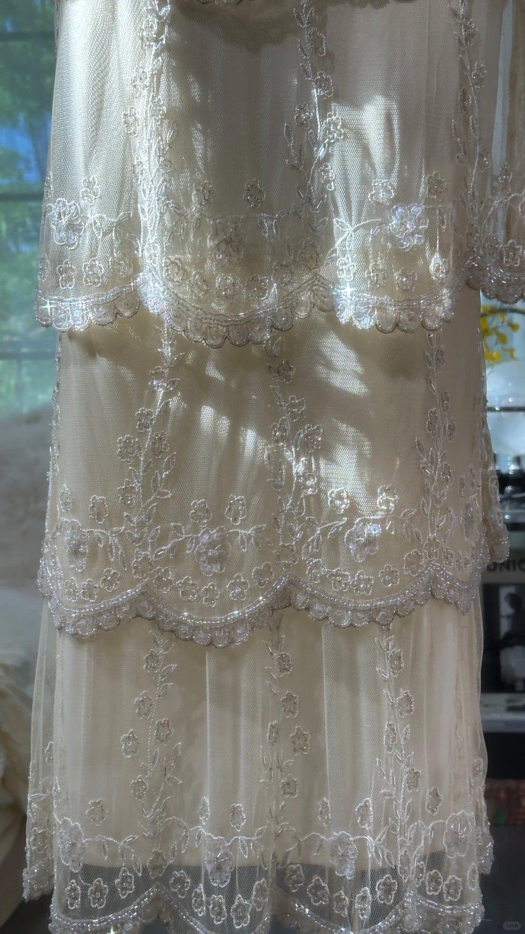 Cremegelbes V-Ausschnitt, exquisite Perlenspitze, langes Chiffon-Tüll-Ballkleid, Abendkleid, Hochzeitskleid, Abschlussballkleid, Abschlussballkleid, gh3987