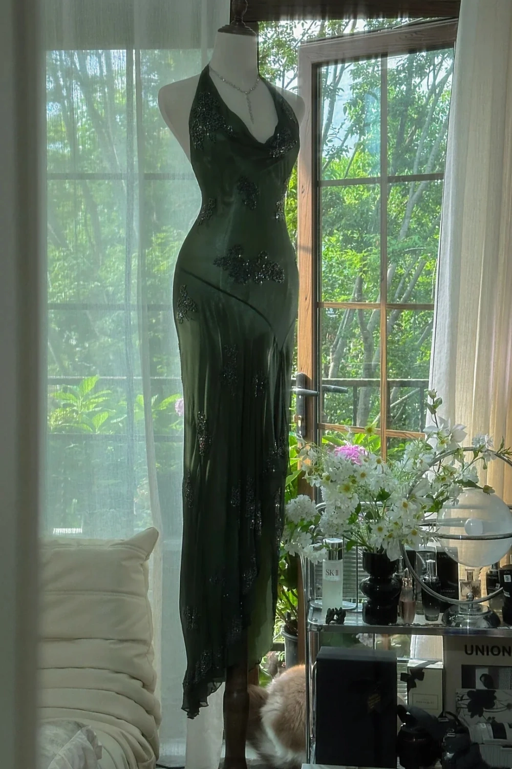 Robe de soirée longue en mousseline de soie, élégante, vert foncé, avec perles, gh4749