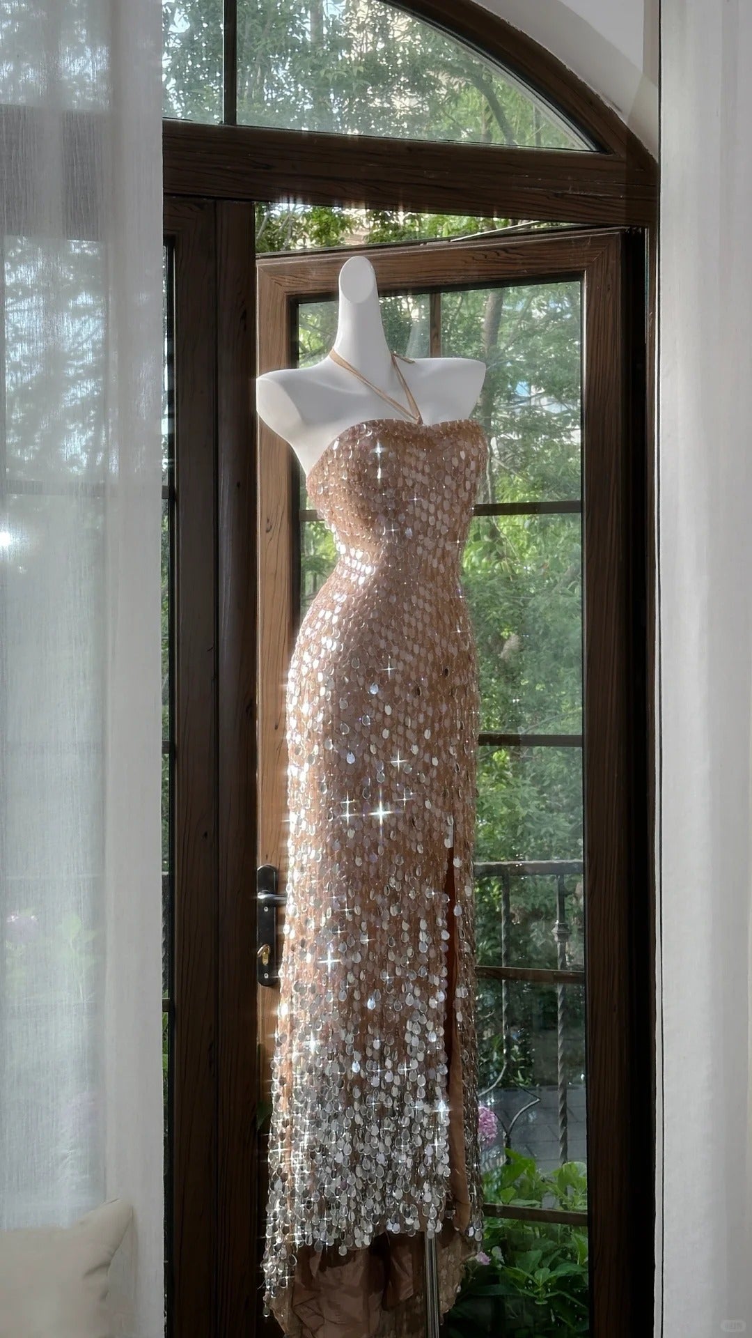 Brown Shiny Elegant Long Sequined Tulle Ball Gown Evening Dress Party Dress gh4612