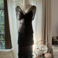 Schwarzes, perlenbesetztes, elegantes, langes, gestuftes Chiffon-Ballkleid, Abendkleid, Partykleid gh4751