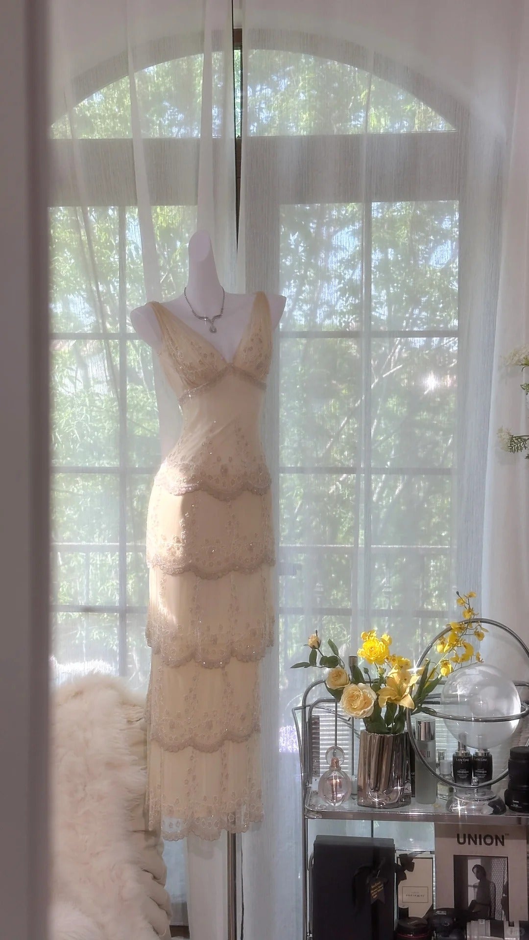 Cremegelbes V-Ausschnitt, exquisite Perlenspitze, langes Chiffon-Tüll-Ballkleid, Abendkleid, Hochzeitskleid, Abschlussballkleid, Abschlussballkleid, gh3987