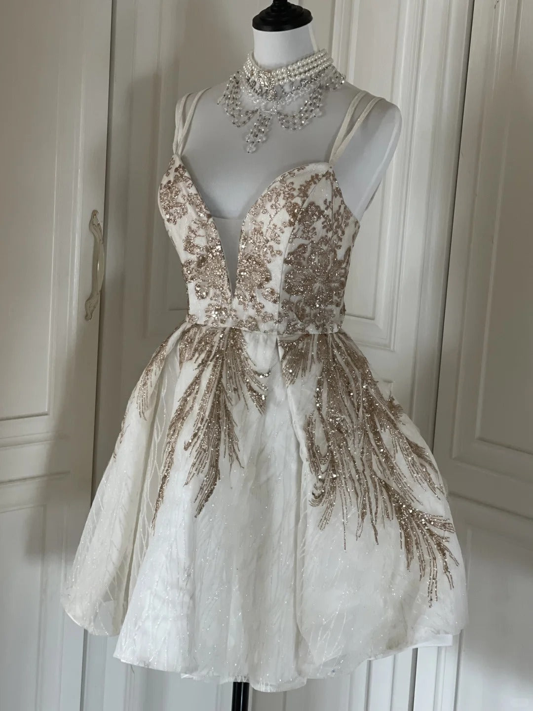 Robe de soirée courte à paillettes dorées et blanches, brillante, magnifique, mignonne, élégante et sophistiquée, style princesse, robe de bal, robe de soirée, gh4166