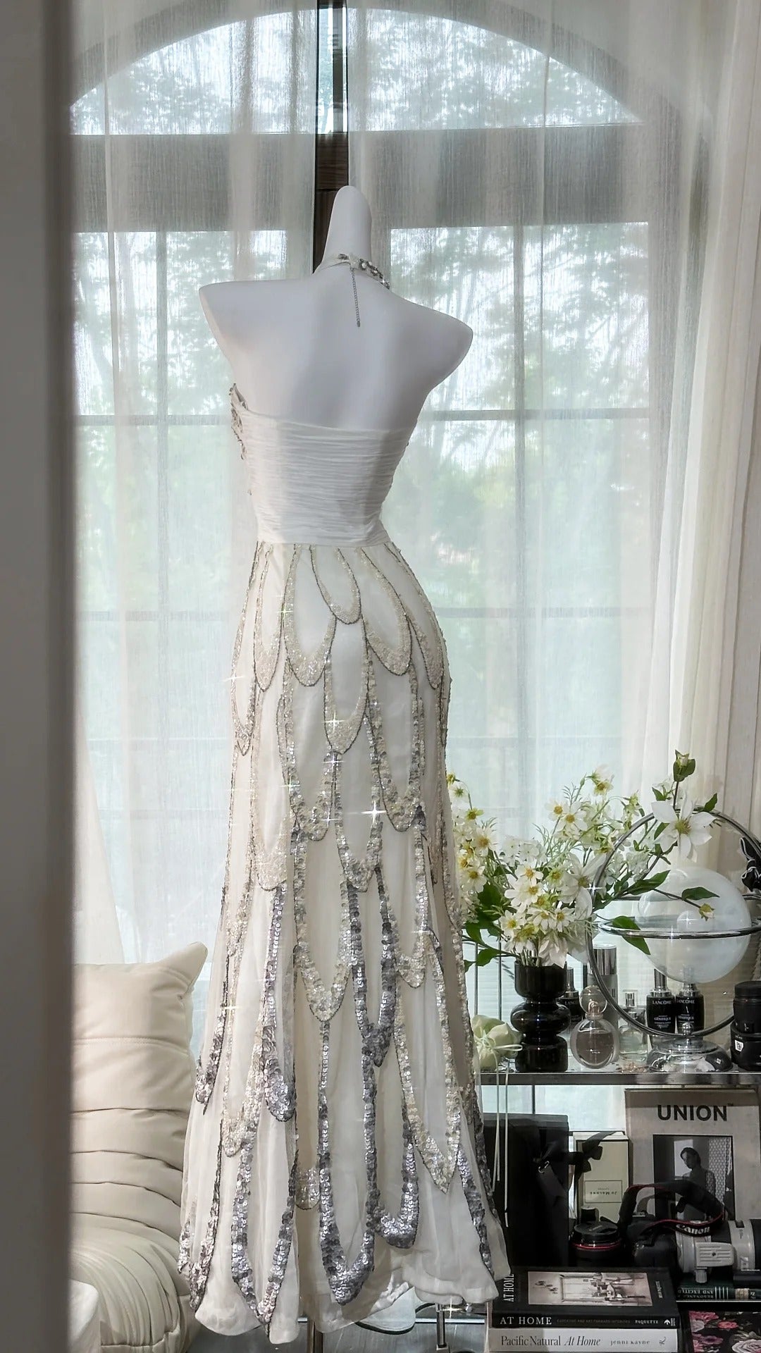 White Beaded Sparkling Ball Gown Long Chiffon Ball Gown Evening Gown Birthday Gown Wedding Gown gh4529