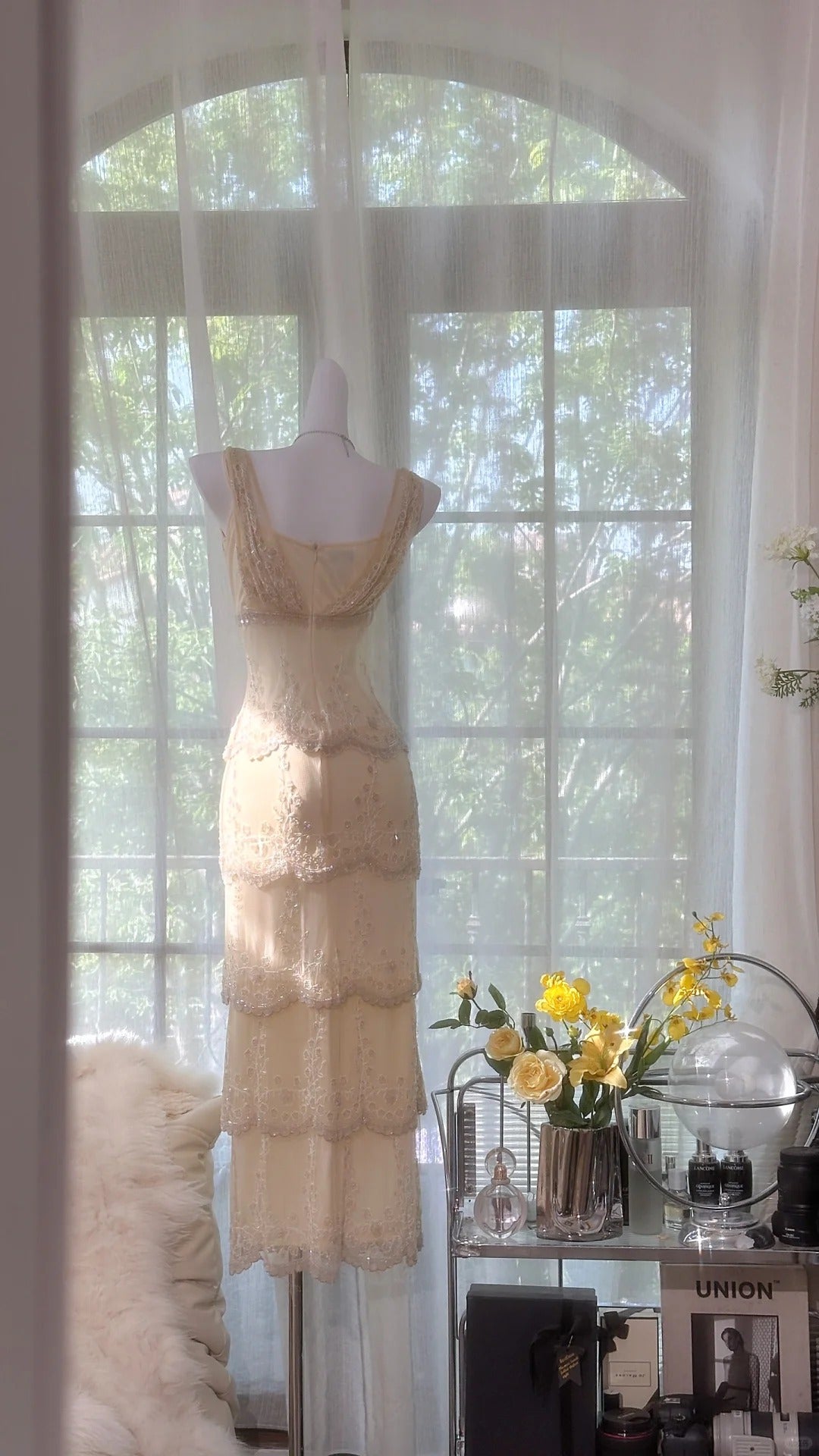 Cremegelbes V-Ausschnitt, exquisite Perlenspitze, langes Chiffon-Tüll-Ballkleid, Abendkleid, Hochzeitskleid, Abschlussballkleid, Abschlussballkleid, gh3987