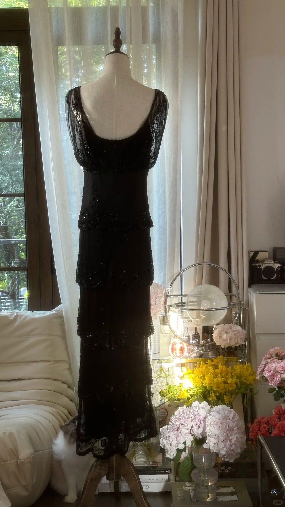Schwarzes, perlenbesetztes, elegantes, langes, gestuftes Chiffon-Ballkleid, Abendkleid, Partykleid gh4751