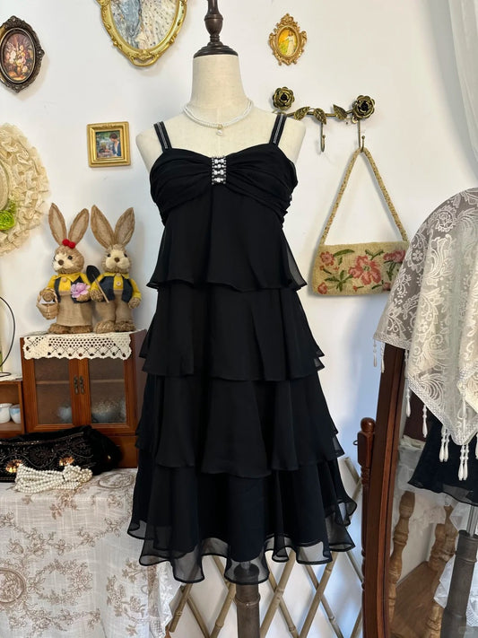 Girlhomeshops-Black ruffled vintage short chiffon homecoming dress birthday dress gh5217
