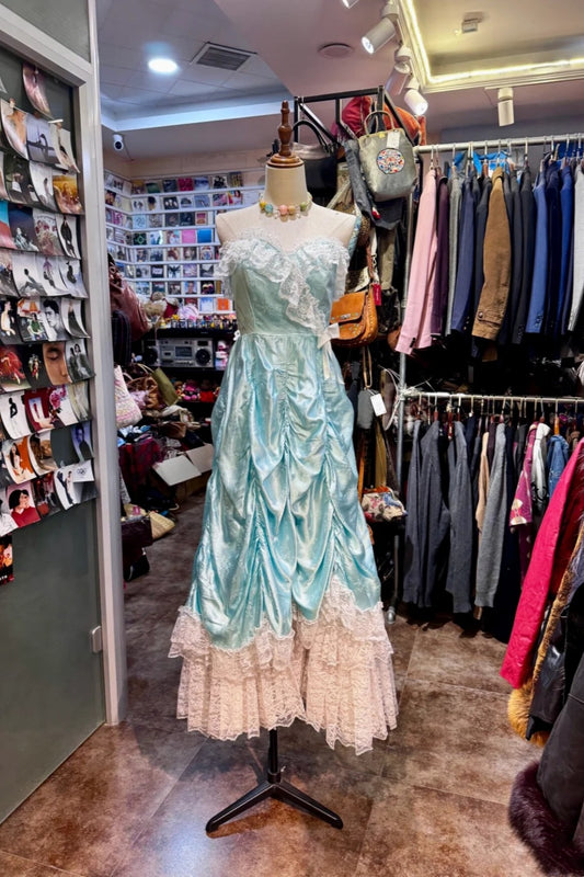 girlhomeshops-Fairy Tale Secret Style Aqua Jacquard Satin & Lace Strapless Floor - Length Evening Dress gh5886