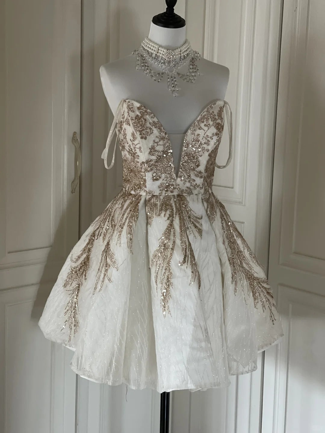 Robe de soirée courte à paillettes dorées et blanches, brillante, magnifique, mignonne, élégante et sophistiquée, style princesse, robe de bal, robe de soirée, gh4166