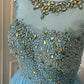 Blaues exquisites Strass-Märchenprinzessin-Ballkleid, kurzes Heimkehrkleid, Abschlussballkleid, Abendkleid gh4336