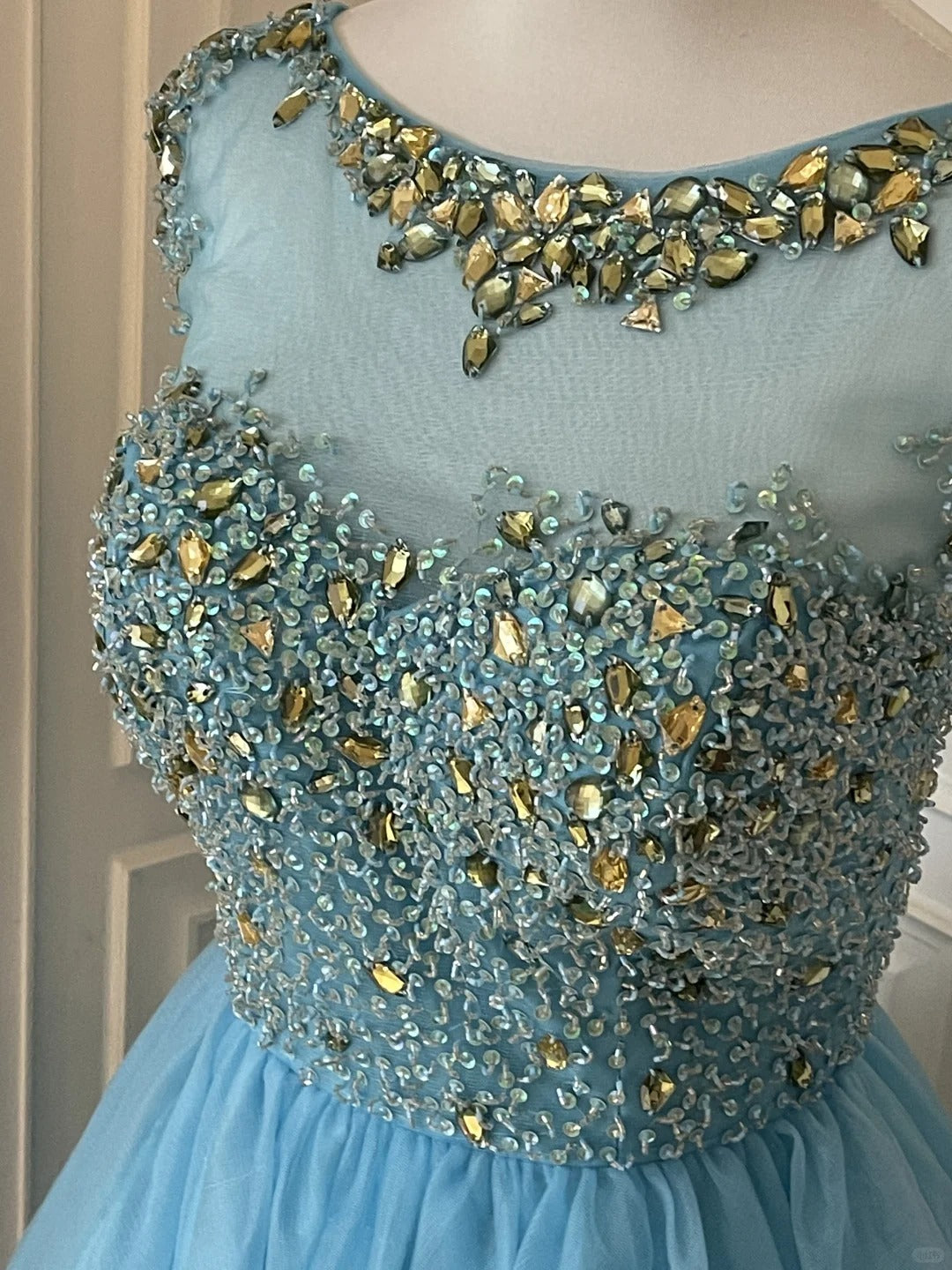 Blaues exquisites Strass-Märchenprinzessin-Ballkleid, kurzes Heimkehrkleid, Abschlussballkleid, Abendkleid gh4336