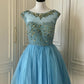 Blaues exquisites Strass-Märchenprinzessin-Ballkleid, kurzes Heimkehrkleid, Abschlussballkleid, Abendkleid gh4336