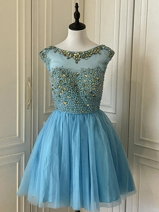 Blaues exquisites Strass-Märchenprinzessin-Ballkleid, kurzes Heimkehrkleid, Abschlussballkleid, Abendkleid gh4336