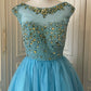 Blaues exquisites Strass-Märchenprinzessin-Ballkleid, kurzes Heimkehrkleid, Abschlussballkleid, Abendkleid gh4336