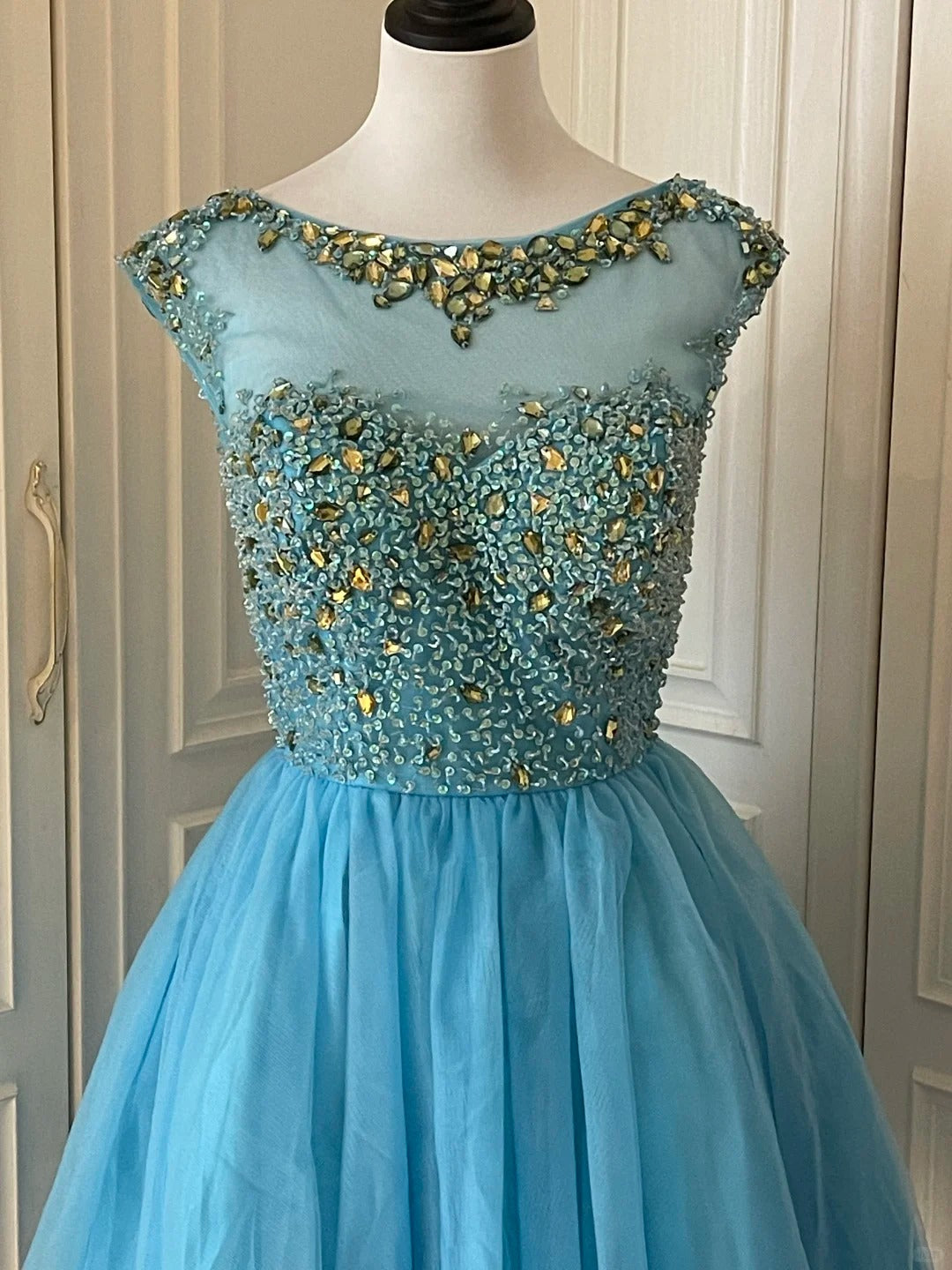Blaues exquisites Strass-Märchenprinzessin-Ballkleid, kurzes Heimkehrkleid, Abschlussballkleid, Abendkleid gh4336