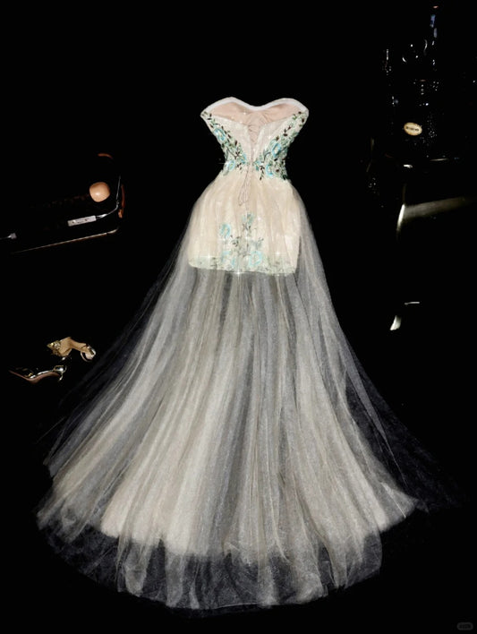 White gorgeous beaded long tulle ball gown evening dress gh4417