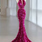 Robe de soirée longue rose magnifique, brillante, exquise, perlée, col licou, sirène, paillettes, longueur au sol, robe de bal, robe de soirée gh3395