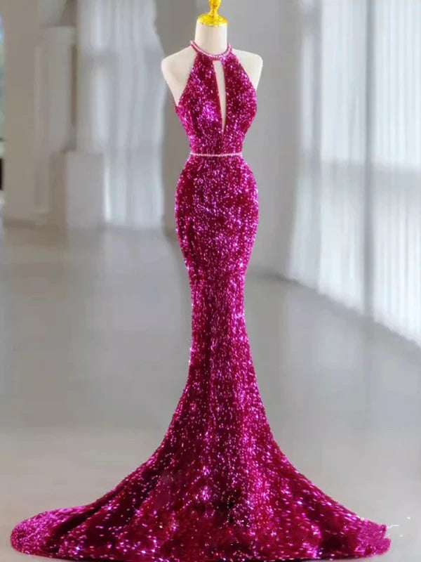 Robe de soirée longue rose magnifique, brillante, exquise, perlée, col licou, sirène, paillettes, longueur au sol, robe de bal, robe de soirée gh3395