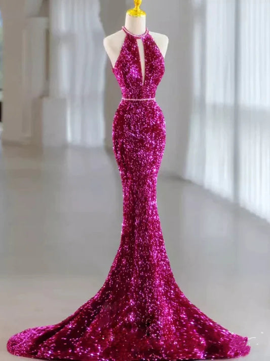 Pink Gorgeous Shiny Exquisite Beaded Halter Long Mermaid Slim Sequin Floor Length Ball Gown Evening Gown Party Dress gh3395