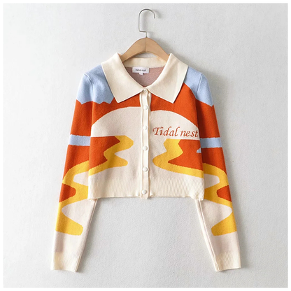Cardigan tricoté rétro super beau avec peinture à l'huile au coucher du soleil au design minoritaire 7211