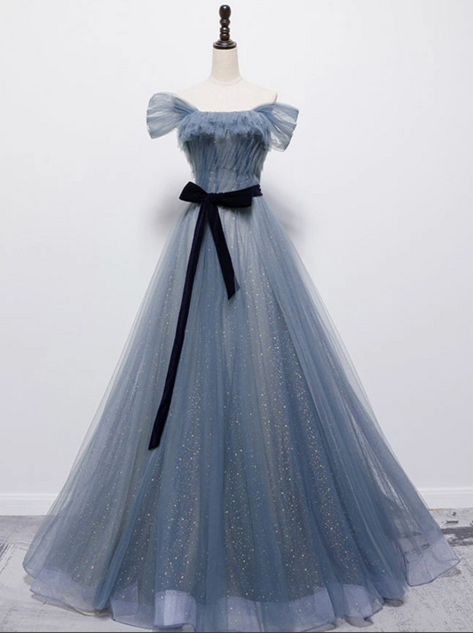 Bule Tüll langes A-Linie Ballkleid blaues Abendkleid 8718