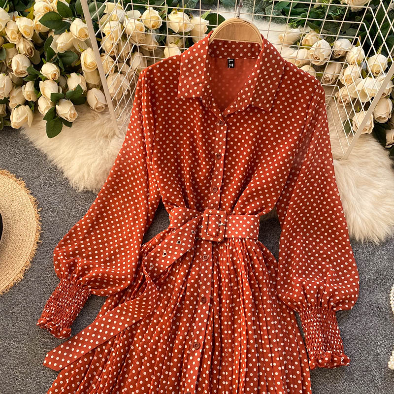 Modisches A-Linien-Tupfen-Langarmkleid Modekleid 10924