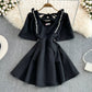 Temperament diamond studded bubble sleeves, slim waist, short A-line dress  11096