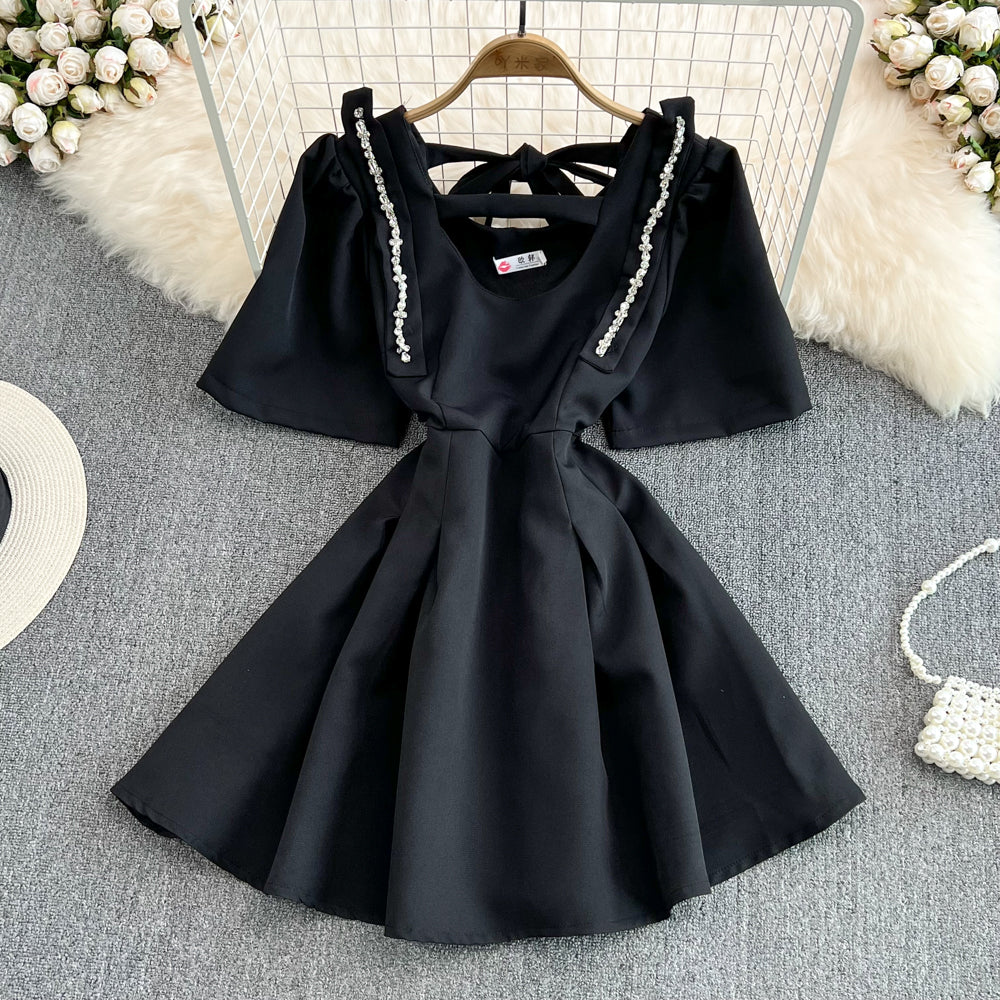 Temperament diamond studded bubble sleeves, slim waist, short A-line dress  11096