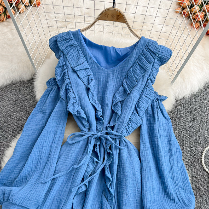 Blaues Langarmkleid mit V-Ausschnitt Modekleid 10916