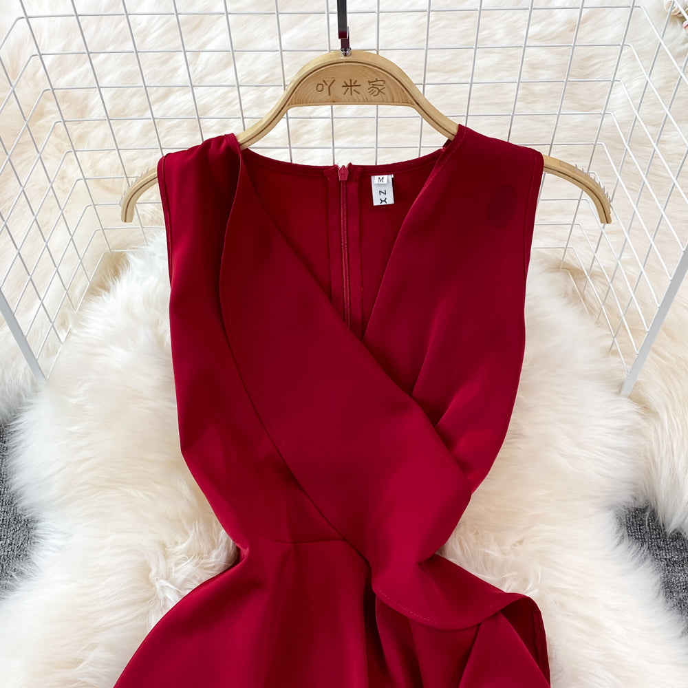 Robe trapèze sans manches à volants et taille haute à col en V 11029