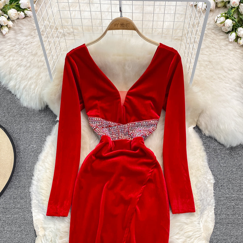Sexy V Neck Velvet Beads Dress Fashion Dress  10927