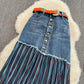 Pleated stitched denim skirt, irregular medium length A-line skirt  11275