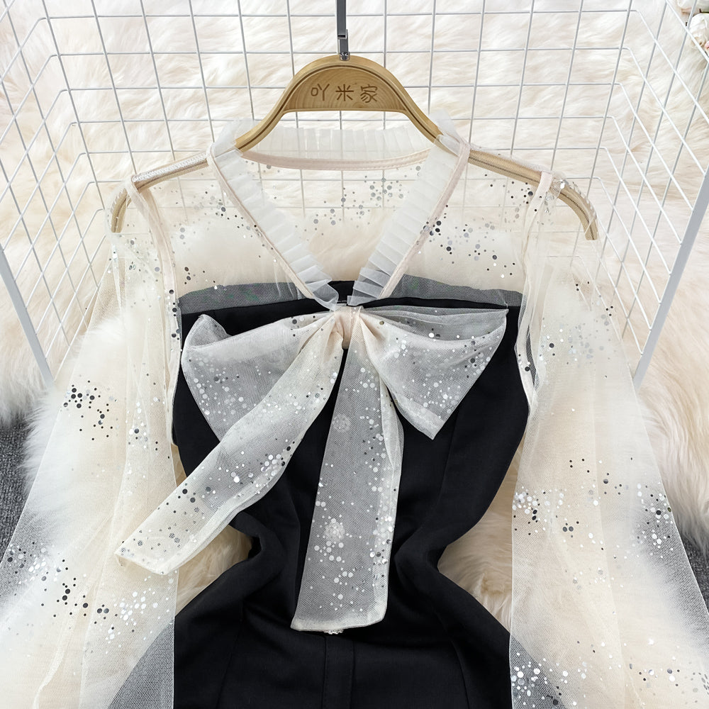Jupe courte noire à col en V et maille à sequins Hepburn française 11132