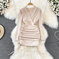 V-neck drawcord pleated sexy slim short Hip Wrap Dress  11118