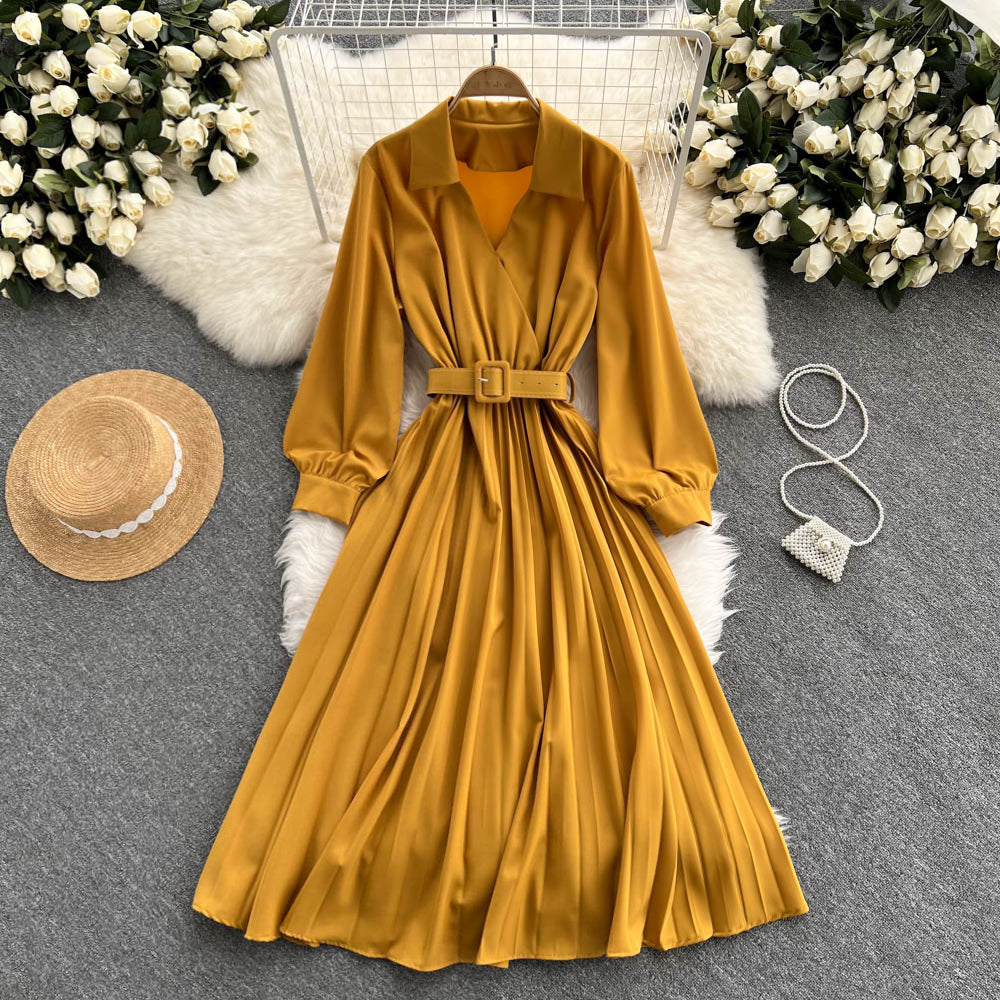 Einfaches Langarmkleid mit V-Ausschnitt A-Linie Modekleid 10946