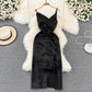 Robe en satin plissée fendue à col en V et coupe slim en acétate 11180