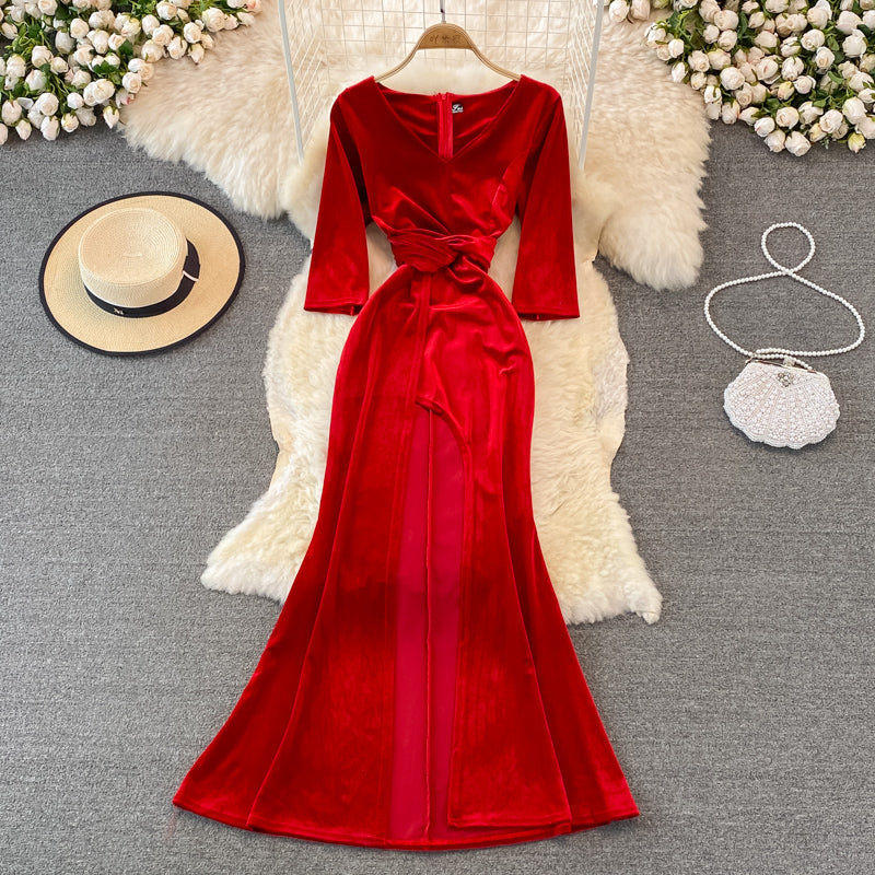 Robe longue en velours à col en V élégante Fahsion Dress 10938