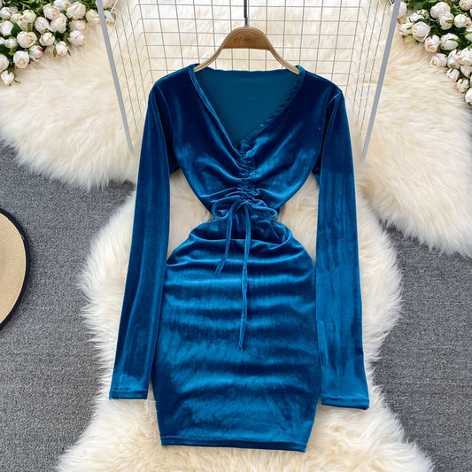 Sexy Langarm-Kleid aus Samt mit V-Ausschnitt Modekleid 10864 