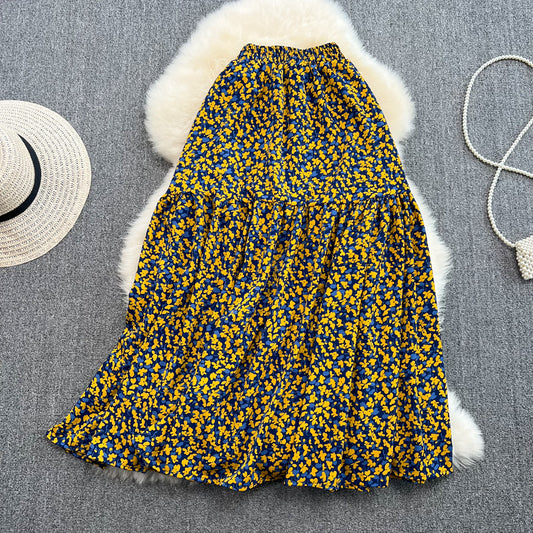 Vintage elastic waist stitched broken flower big swing Chiffon  11278