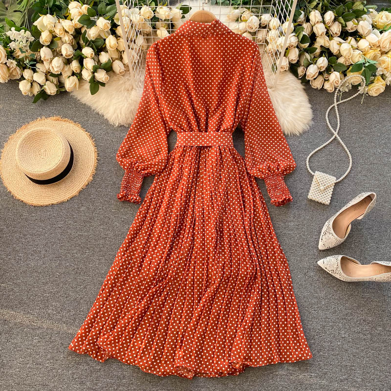 Modisches A-Linien-Tupfen-Langarmkleid Modekleid 10924