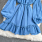 Blaues Langarmkleid mit V-Ausschnitt Modekleid 10916