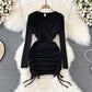 V-neck drawcord pleated sexy slim short Hip Wrap Dress  11118