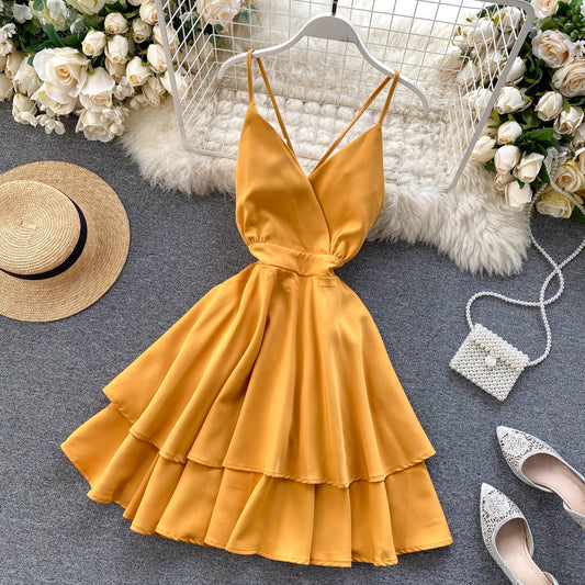 Robe courte mignonne à col en V Robe trapèze tendance 10876