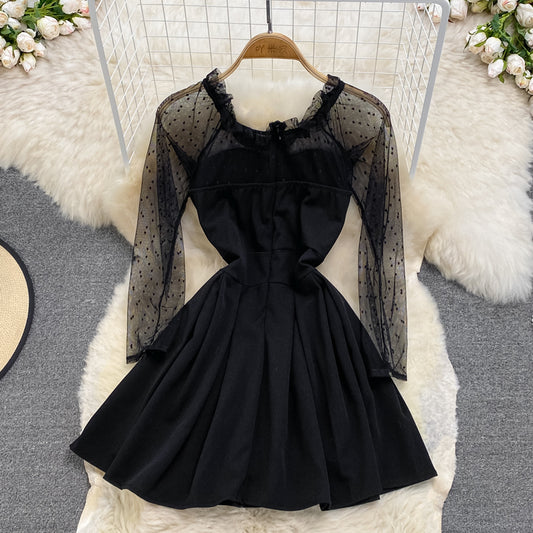 Schwarzes A-Linie Langarm-Kurzkleid Modekleid 10915