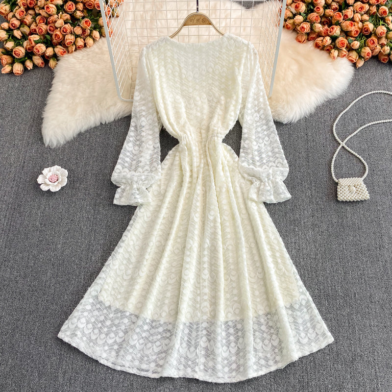 Champagne V Neck Lace Long Dress Fashion Dress  10957