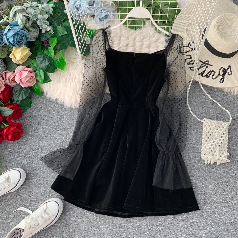Schwarzes kurzes Samtkleid Schwarzes Modekleid 10941