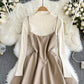 Pull tricoté à la mode + robe trapèze en cuir PU Robe tendance 10885