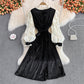 Schwarzes Samtkleid mit langen Ärmeln Modekleid 10954