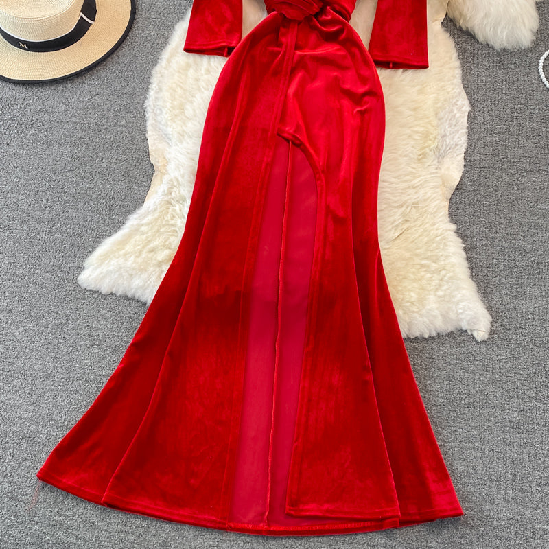 Robe longue en velours à col en V élégante Fahsion Dress 10938