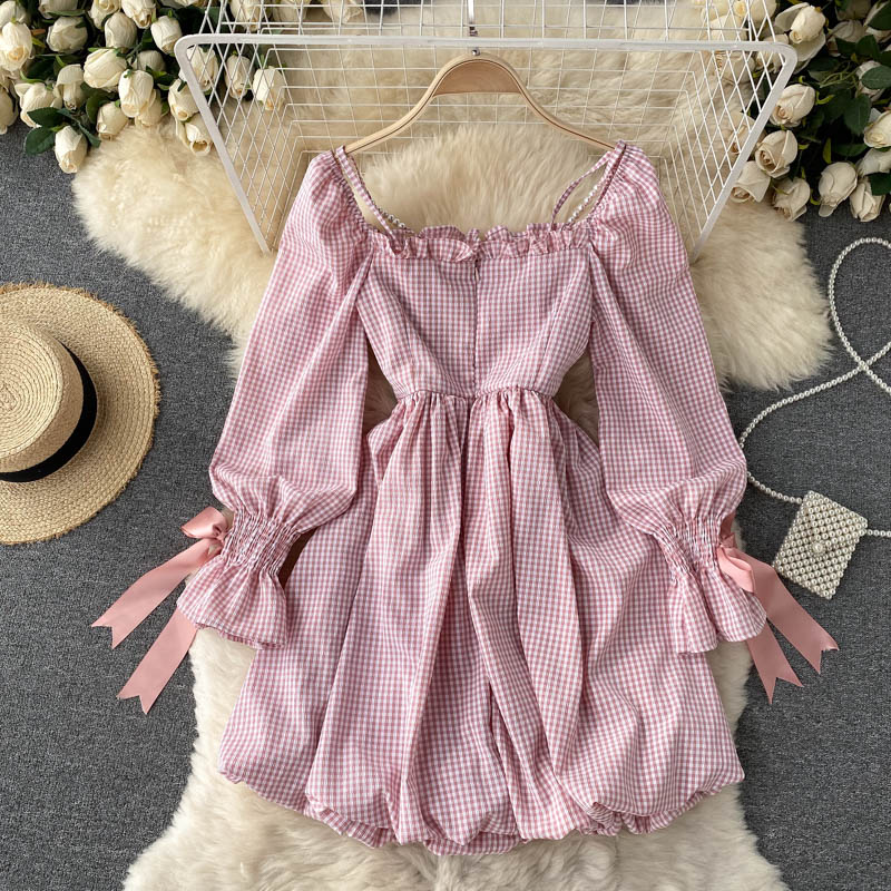 Cute Plaid Long Sleeve Dress Fashion Dress  10907